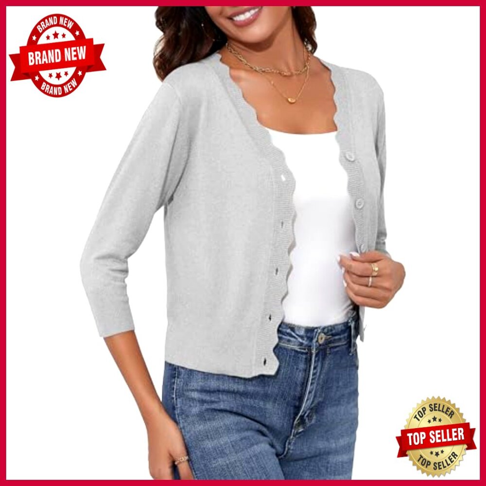 Lightweight Cropped Cardigan 3/4 Sleeve Button Down V-Neck Shrug - Picture 4 of 4